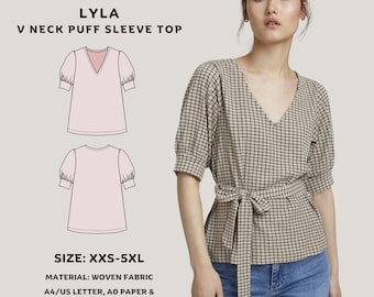 Lyla V neck puffed sleeve top | Beginner friendly digital sewing pattern for women | Printable PDF sewing pattern | Tiana's Closet