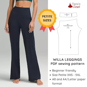 Op de afbeelding: Marineblauwe legging met hoge tailleband. Een gouden badge met rode linten leest "PETITE SIZES". De afbeelding bevat ook een naaipatroon en de tekst "WILLA LEGGINGS PDF sewing pattern".