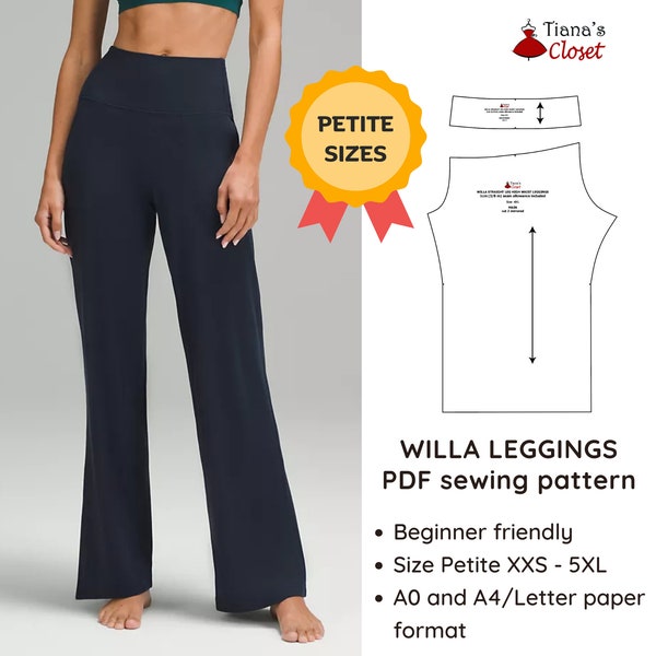 Petite size PDF sewing pattern - Willa high rise wide leg leggings | Printable digital sewing pattern for petite women | Tiana's Closet