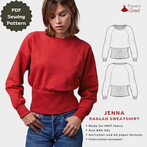 Puede incluir: Un patrón de costura de sudadera de manga raglan roja con cintura ajustada. El patrón está disponible en tallas XXS-5XL e incluye instrucciones. El patrón está hecho para tejido de punto y está disponible en formatos de papel A4/Letter y A0.