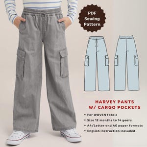 May include: A PDF sewing pattern for Harvey pants with cargo pockets. The pattern is for woven fabric and includes instructions for sizes 12 months to 14 years. The pattern is available in A4/Letter and A0 paper formats.