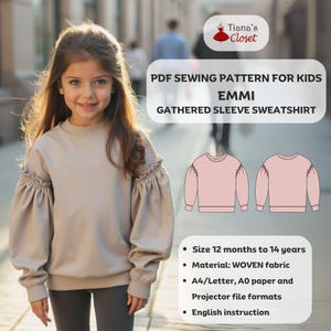 Op de afbeelding: PDF-naai-patroon voor een sweatshirt met geplooide mouwen voor kinderen, genaamd "Emmi". Het patroon is verkrijgbaar in maten van 12 maanden tot 14 jaar. Het patroon is geschikt voor geweven stof en wordt geleverd in A4/Letter, A0 papier en projectorbestandsformaten. Het patroon bevat Engelse instructies.