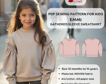 Patrón de costura en PDF para sudadera con mangas fruncidas Emmi: tallas para niños de 12 meses a 14 años