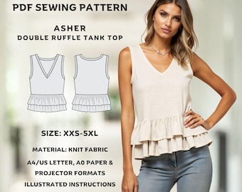 Asher V-Neck Ruffle Tank Top Sewing Pattern (PDF) XXS-5XL