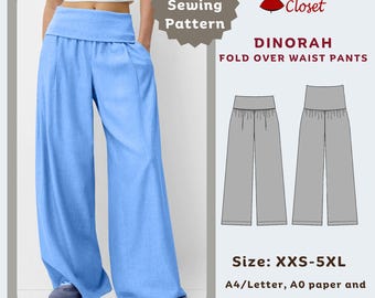 Wide Leg Pants Sewing Pattern: Fold Over Waist (XXS-5XL) (PDF Pattern)