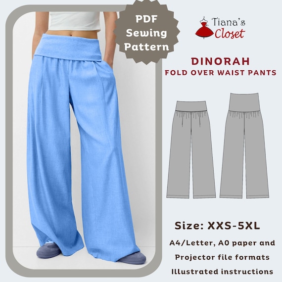 Dinorah Wide Leg Pants Sewing Pattern: Fold Over Waist (XXS-5XL
