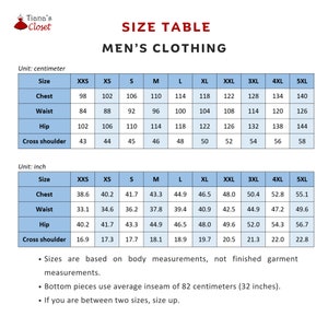 May include: A size table for men's clothing, featuring measurements in both centimeters and inches. The table includes chest, waist, hip, and cross-shoulder measurements for sizes XXS to 5XL. The table also includes a note about body measurements.