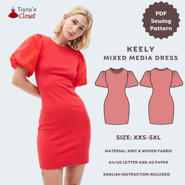 Keely mixed media puffed sleeve mini dress - PDF sewing pattern | Beginner digital sewing pattern for women | Easy knit dress sewing pattern