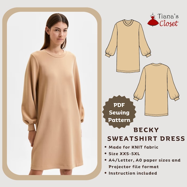 Becky sweatshirt dress - PDF sewing pattern | Digital sewing pattern for women | Beginner friendly knit dress pattern | Tiana's Closet