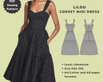 Puede incluir: Vestido midi corsé de ojal negro con escote corazón y bolsillos. La imagen incluye un patrón de costura PDF con el texto "LILOU CORSET MIDI DRESS". El patrón es para tallas XXS-5XL y es de nivel avanzado.