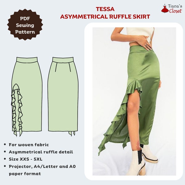 Tessa midi skirt with asymmetrical ruffle - PDF sewing pattern for women | Printable sewing pattern | Easy skirt pattern | Tiana's Closet
