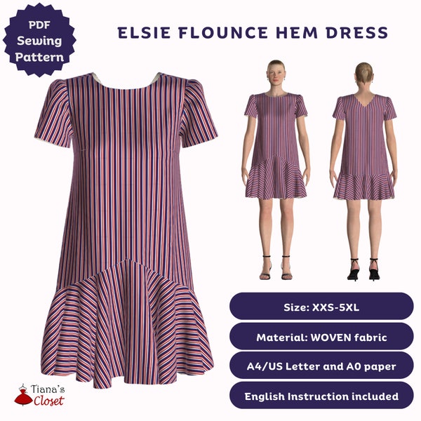 Elsie flounce hem dress | Digital sewing pattern for women | Printable sewing pattern | Easy puffed sleeve dress pattern | Tiana's Closet