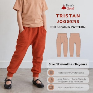 May include: A PDF sewing pattern for Tristan joggers by Tiana's Closet, featuring a tan t-shirt and rust-colored joggers with pockets. The text includes size range 12 months to 14 years, woven fabric requirements, and file formats.