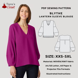 May include: A woman wearing a magenta V-neck lantern sleeve blouse. The image includes a PDF sewing pattern for the Blythe lantern sleeve blouse, with size range XXS-5XL. The pattern is for woven/knit fabric and includes illustrated instructions.