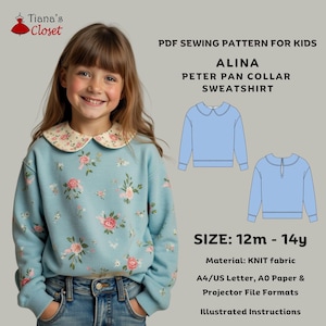 Sudadera cuello Peter Pan Alina - Patrón de costura PDF para niñas / Patrón digital imprimible para niños / Patrón para proyector de papel A4 Carta A0