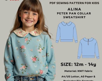 Alina Peter Pan collar sweatshirt - PDF sewing pattern for girls | Printable digital pattern for kids | A4 Letter A0 paper Projector pattern