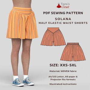 Puede incluir: Patrón de costura PDF para pantalones cortos Solana de cintura elástica media. El patrón incluye instrucciones y está disponible en tallas XXS-5XL. El patrón es para tejido tejido y está disponible en formatos A4/US Letter, A0 y proyector.