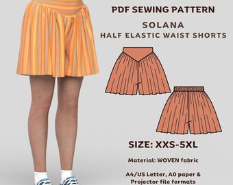 Solana Shorts Sewing Pattern: Easy Elastic Waist (XXS-5XL) (PDF Pattern)