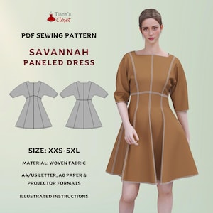 Puede incluir: Un patrón de costura PDF para un vestido con paneles Savannah. El patrón incluye instrucciones y está disponible en tallas XXS-5XL. El vestido está hecho de tejido tejido y se puede imprimir en formato A4/US Letter, A0 o proyector.