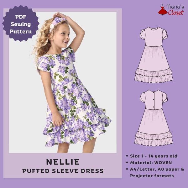 Nellie jurk met dubbele ruches en tulpmouwen - PDF-naaipatroon voor kinderen | Digitaal naaipatroon voor meisjes | Tiana's kast naaipatronen
