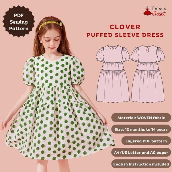 Clover puffed sleeve tiered dress - PDF sewing pattern for kids | Digital sewing pattern for girls | Easy girl dress sewing pattern