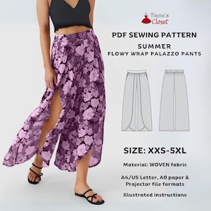 Pantalones palazzo de verano con efecto cruzado - Patrón de costura en PDF / Patrón de costura digital para mujer / Talla XXS - 5XL / Patrón de proyector de letras A0 A4