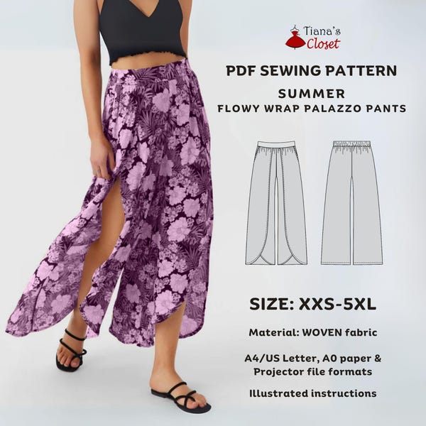 Summer Faux Wrap Palazzo Pants Sewing Pattern: Women's Sizes XXS-5XL (PDF Pattern)