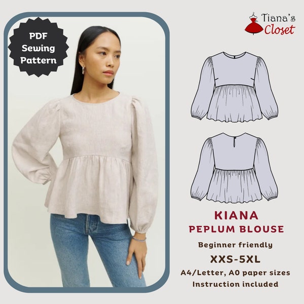 Kiana peplum blouse | Digital sewing pattern for women | Printable PDF pattern | Tiana's Closet | Simple puffed sleeve top sewing pattern