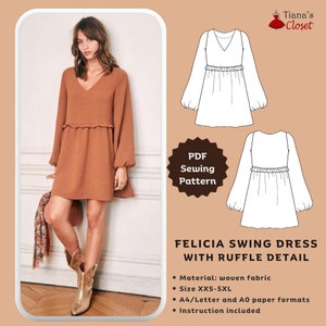 Felicia Babydoll Dress Sewing Pattern: Ruffle Trim, Puffed Sleeve (PDF)