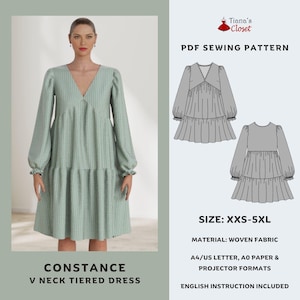 May include: A PDF sewing pattern for a Constance V Neck Tiered Dress. The pattern includes instructions and is available in sizes XXS-5XL. The dress is shown in a green and white patterned fabric.