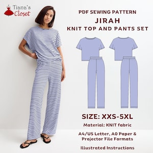 May include: A woman models a blue and white striped knit top and trousers set. The image also displays a sewing pattern for a knit top and trousers set, labelled "JIRAH". The pattern includes sizes XXS-5XL and is made of knit fabric.