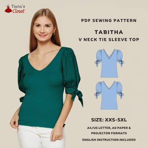 Tabitha tie sleeve mix media top - PDF sewing pattern | Easy t shirt sewing pattern for women | Puffed sleeve knit top | Tiana&#39;s Closet