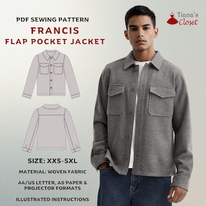 May include: A gray flap pocket jacket worn by a person, with a matching illustration and pattern details. The text reads "PDF Sewing Pattern FRANCIS FLAP POCKET JACKET" and includes size and material information. The jacket has two chest pockets.