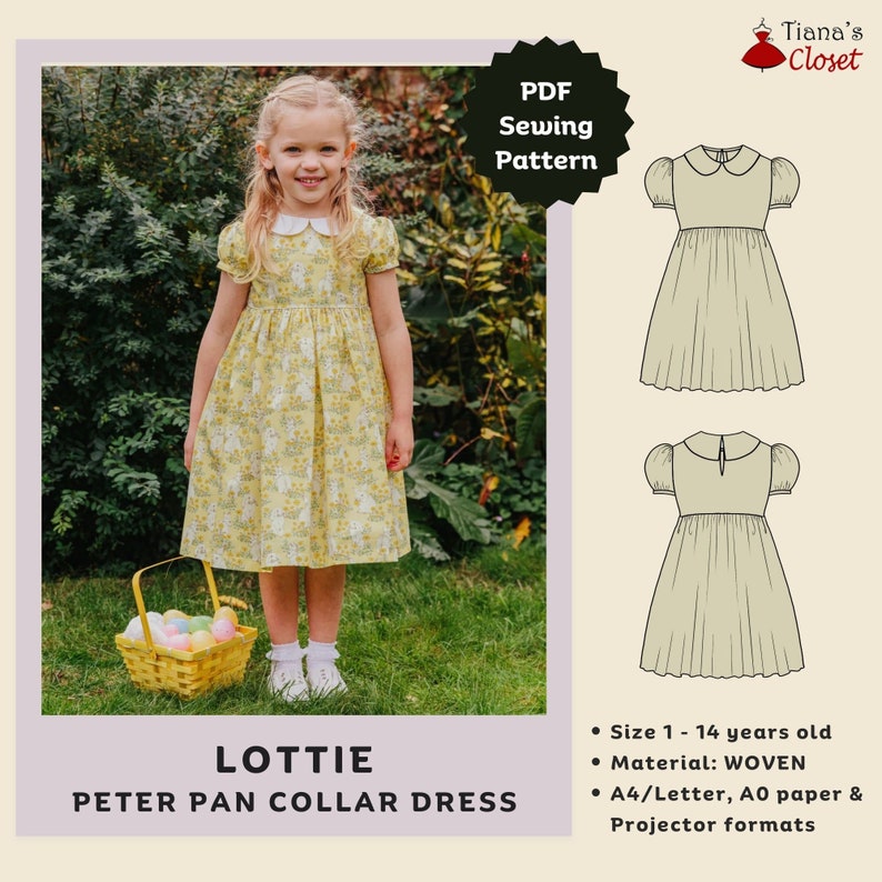 May include: A PDF sewing pattern for a Peter Pan collar dress called "Lottie". The pattern is available in sizes 1-14 years old and is designed for woven fabrics. The pattern includes instructions for printing on A4/Letter, AO paper, and projector formats.