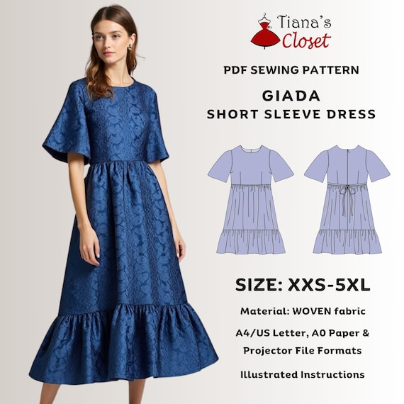 Giada Midi Dress Sewing Pattern: Flared Sleeve Tiered Dress (PDF) - Etsy