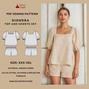 Diondra Top and Shorts Set Sewing Pattern (Sizes XXS-5XL, Instant Download PDF, A0/Copy shop, A4/US Letter & Projector File Formats)