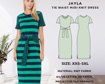 Jayla Knit Midi Dress Sewing Pattern: Tie Waist, Beginner Friendly (PDF Pattern)