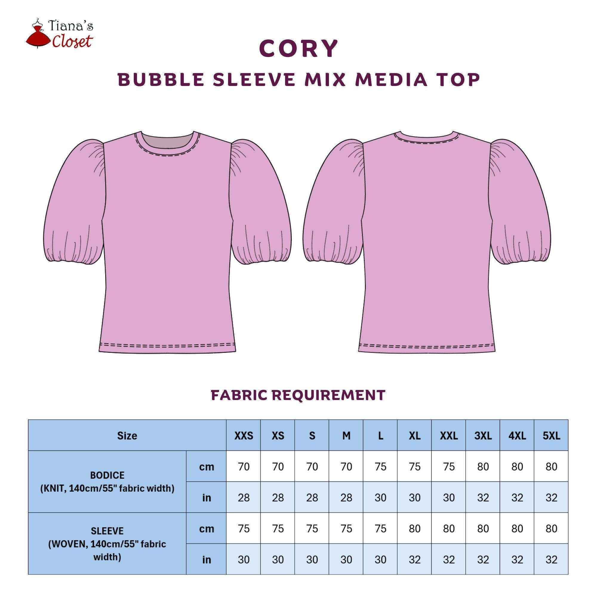 Cory バブルスリーブトップスの縫製パターン：初心者向け（XXS-5XL