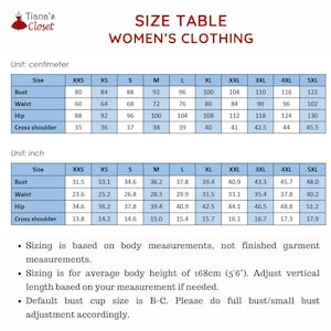 May include: Size chart for women's clothing with measurements in inches and centimeters. The chart includes bust, waist, hip, and cross shoulder measurements for sizes XXS to 5XL.
