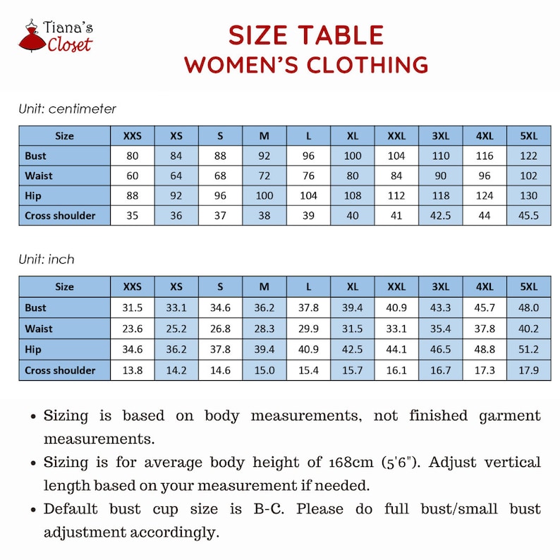 May include: Size chart for women's clothing with measurements in inches and centimeters. The chart includes bust, waist, hip, and cross shoulder measurements for sizes XXS to 5XL.