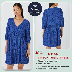 Może przedstawiać: Wzór szycia PDF na niebieską sukienkę tunikową z dekoltem w kształcie litery V w białe kropki. Wzór nosi nazwę "OPAL V NECK TUNIC DRESS" i jest przeznaczony do tkanin tkanych. Zawiera rozmiary XXS-5XL i jest dostępny w formatach papieru A4/Letter i A0. Instrukcje są dołączone.