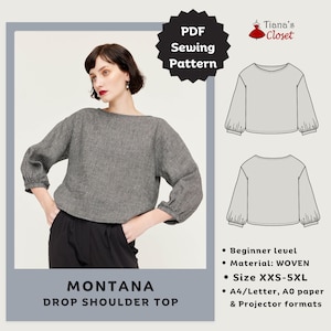 Montana drop shoulder top - PDF sewing pattern | Simple digital sewing pattern for women | Easy blouse sewing pattern | Tiana&#39;s Closet