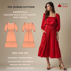 May include: PDF sewing pattern for a square neck puff sleeve midi dress called Gabriela. The pattern includes instructions and is available in sizes XXS-5XL. The pattern is for woven fabric and comes in A4/US Letter, A0 paper, and projector formats.