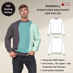 May include: A PDF sewing pattern for a structured sweatshirt with a color-blocked design. The pattern includes instructions and is available in sizes XXS-5XL. The pattern is for knit fabric and can be printed on A4/Letter or AO paper.