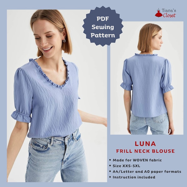 Luna frill neck blouse - PDF sewing pattern | Digital sewing pattern for women | V neck ruffle top sewing pattern | Tiana's Closet