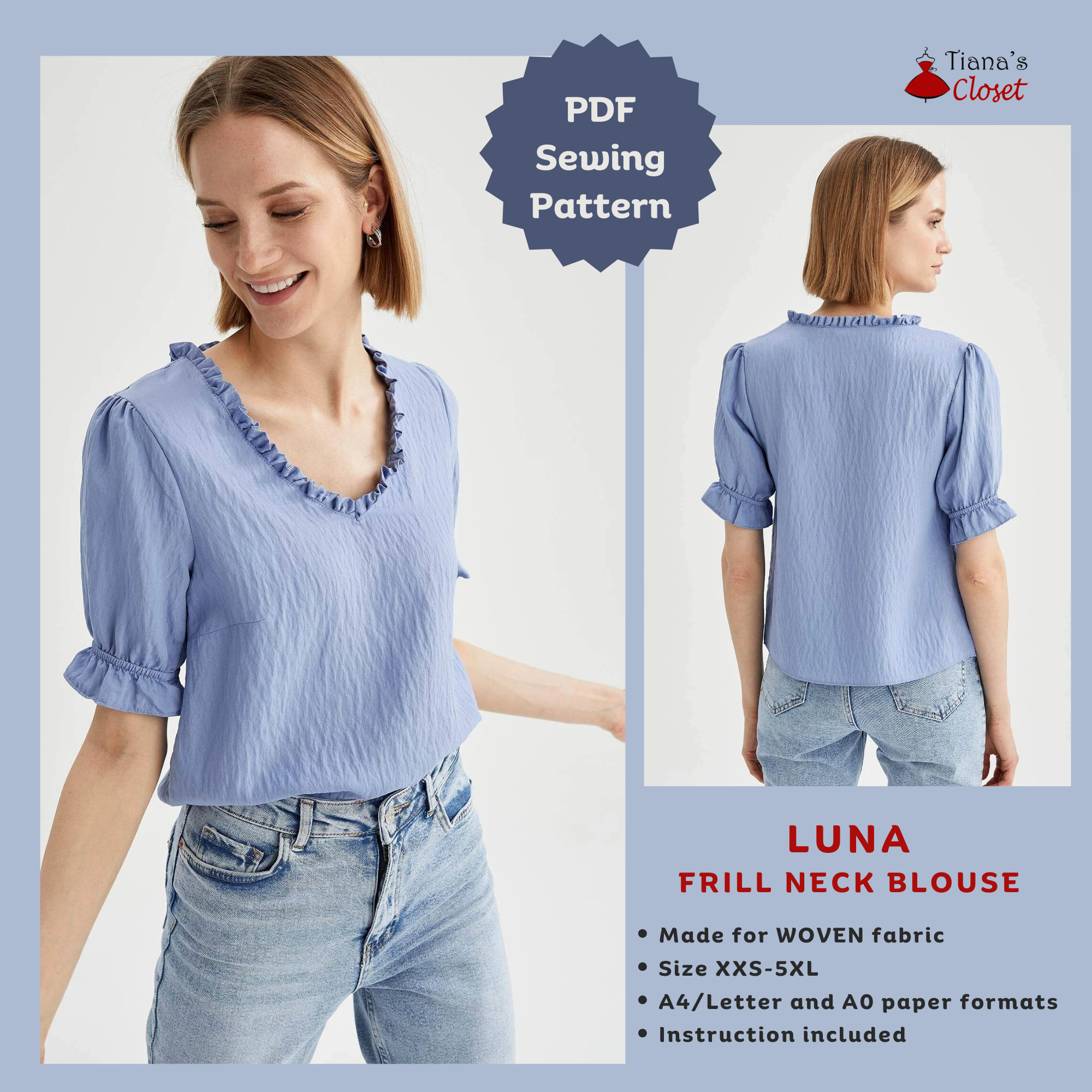 Luna Frill Neck Blouse Sewing Pattern: Women's V-Neck Ruffle Top (PDF Pattern)