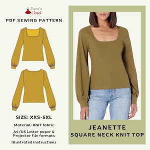 Peut inclure: Patron de couture PDF pour un haut en tricot à col carré appelé "Jeanette". Le patron comprend des instructions et est disponible dans les tailles XXS-5XL. Le patron est destiné au tissu en tricot et peut être imprimé sur du papier A4 ou US Letter.
