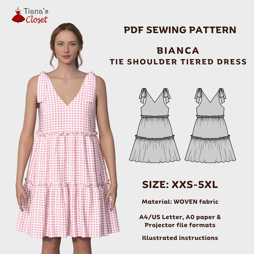 Bianca Tie Shoulder Tiered Dress PDF Sewing Pattern: Sizes XXS-5XL, A0 ...
