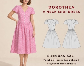 Dorothea V neck puffed sleeve dress - PDF sewing pattern | Digital pattern for women | Elegant dress pattern | Vintage style dress pattern