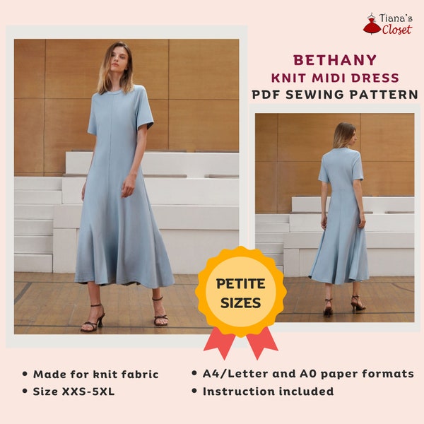 PETITE SIZE PDF sewing pattern - Bethany knit midi dress | Printable digital sewing pattern for petite women | Simple elegant dress pattern